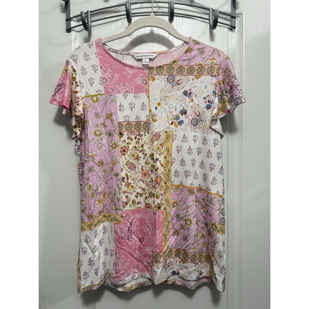 Counterparts Shirt Womens S Paisley Floral Patchwork Print Flutter Top NWT Boho